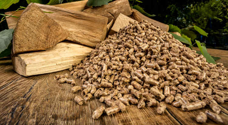 Pile de granulés de bois devant un groupe de bûches