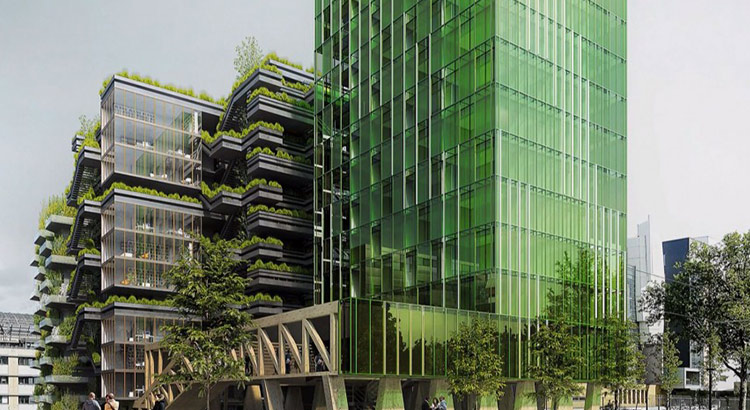 Ville du futur avec bâtiments alimentés à l'énergie verte des algues