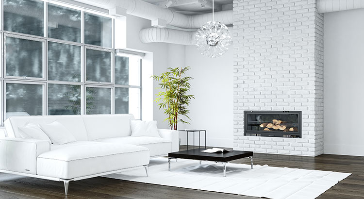 Salon design avec cheminée moderne éteinte