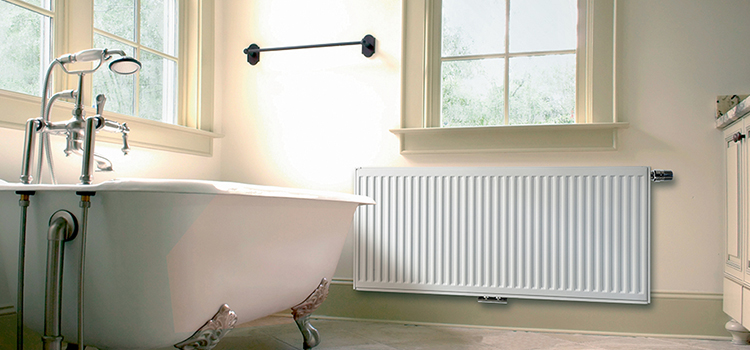 Salle de bain avec baignoire à pied et radiateur mural blanc