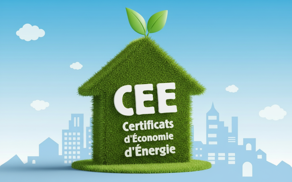 Illustration d’une maison verte recouverte d’herbe avec des feuilles poussant sur le toit et le texte « CEE – Certificats d’Économies d’Énergie », symbolisant la rénovation énergétique et les économies d’énergie.
