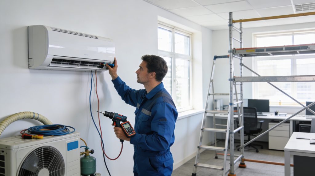 professionnel qui installe une unité de climatisation