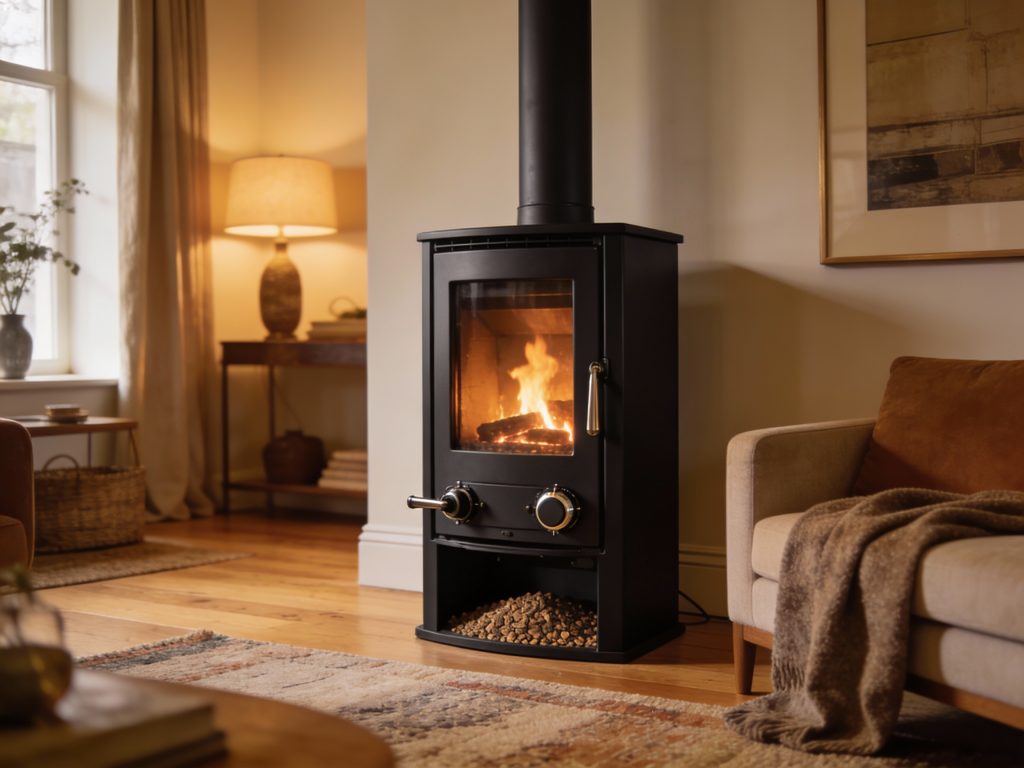 Poêle à granulés noir design moderne en fonctionnement dans un salon scandinave avec parquet chêne et tapis berbère