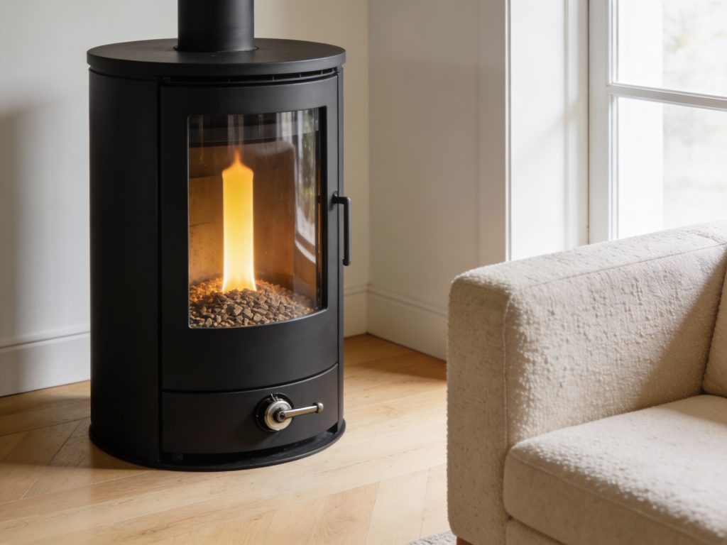 Poêle à granulés cylindrique noir design compact dans un coin salon avec canapé en laine bouclée crème et parquet chêne