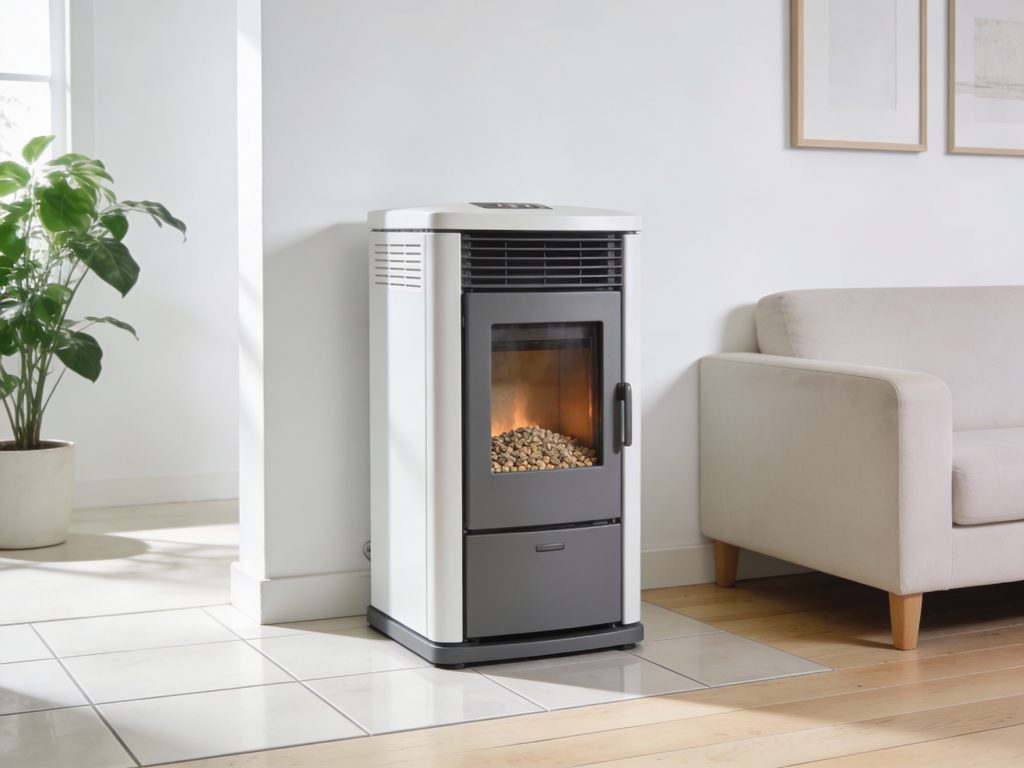 Poêle à granulés ventilé blanc et gris installé sur une plaque de protection au sol en verre dans un salon lumineux