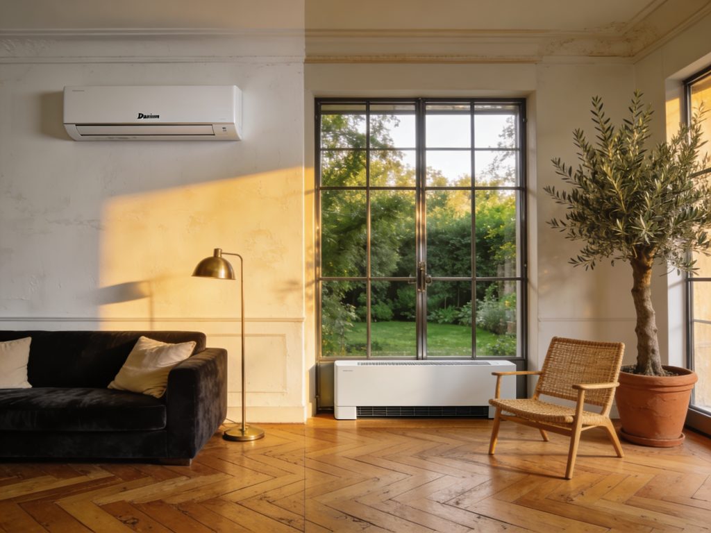 climatiseur mural et console installé dans un salon