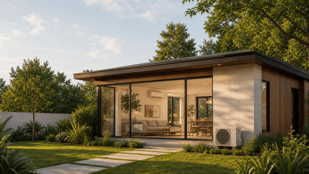 maison de plein-pied avec une unité de clim extérieure