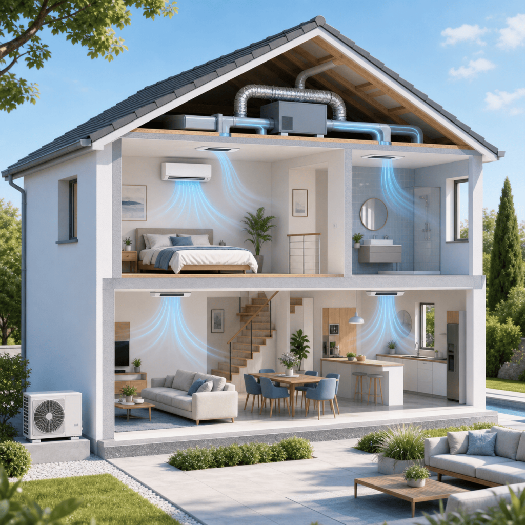 schéma du fonctionnement d'un système de climatisation dans une maison à étage