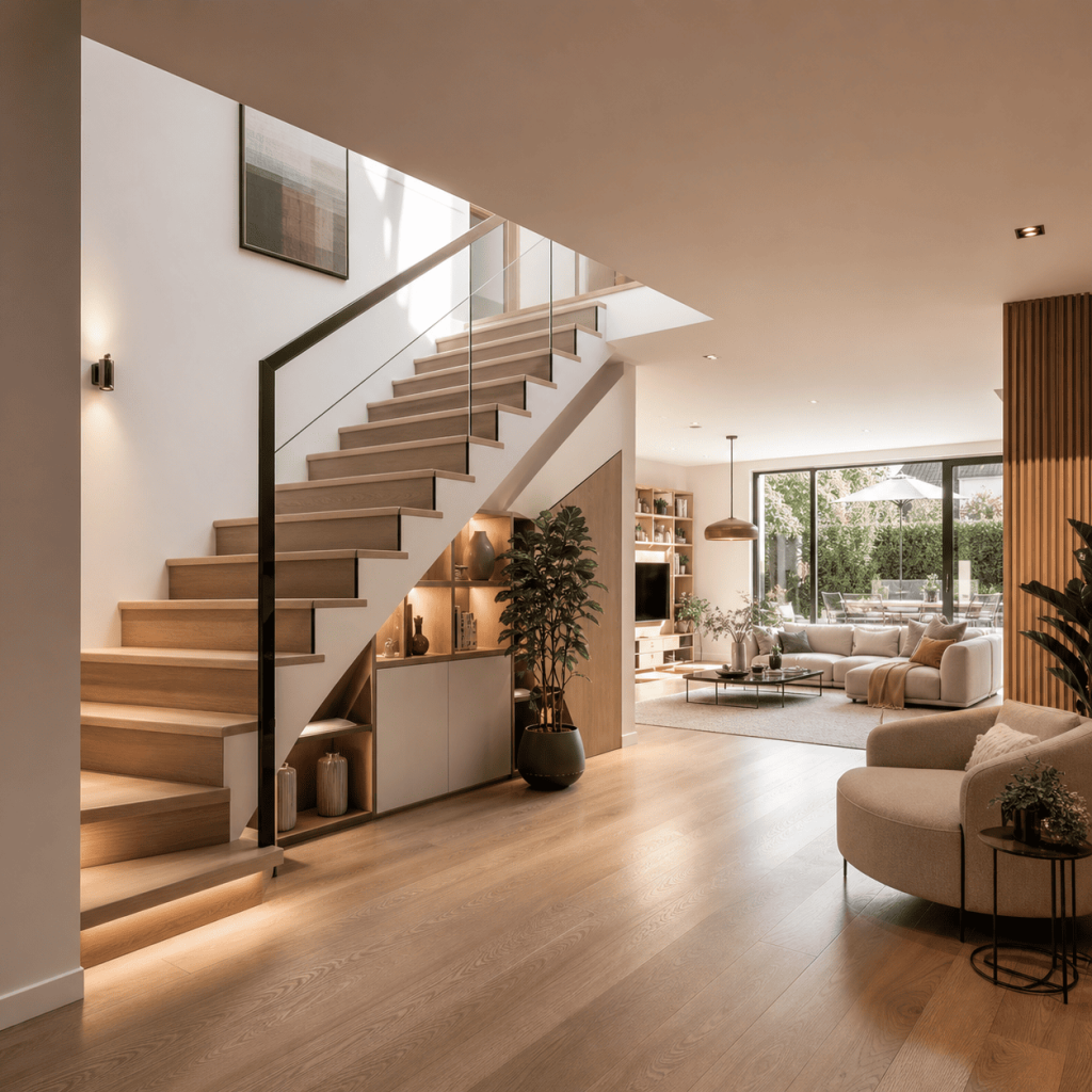 visuel sur la pièce à vivre d'une maison avec escalier au premier plan