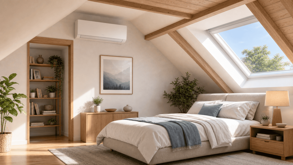 Unité de climatisation murale dans une chambre installée sous les combles