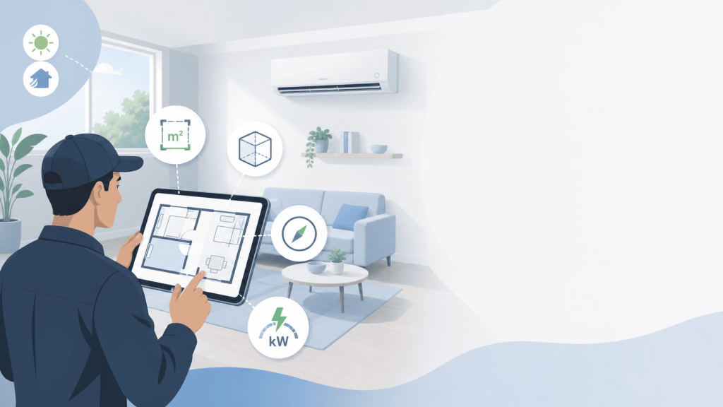 Technicien HVAC utilisant une tablette pour calculer la puissance d’un climatiseur dans un salon, en tenant compte de la surface, du volume et de l’orientation de la pièce.
