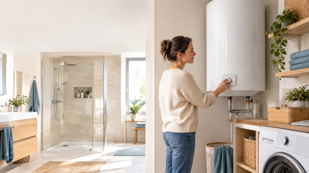 Femme réglant la température d’un chauffe-eau électrique mural dans une salle de bains avec espace buanderie