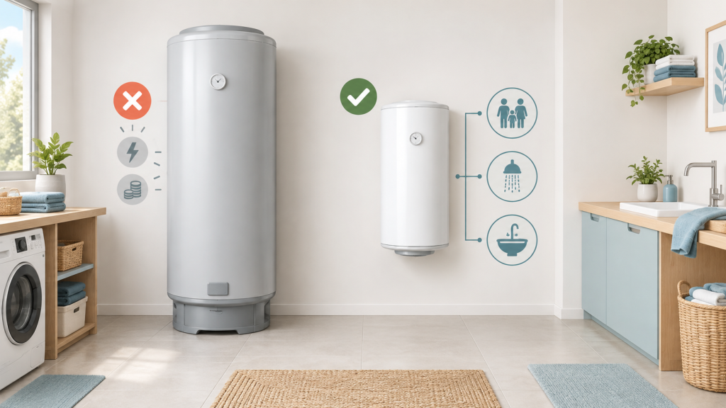 Comparaison entre un chauffe-eau surdimensionné et un modèle adapté aux besoins en eau chaude du foyer