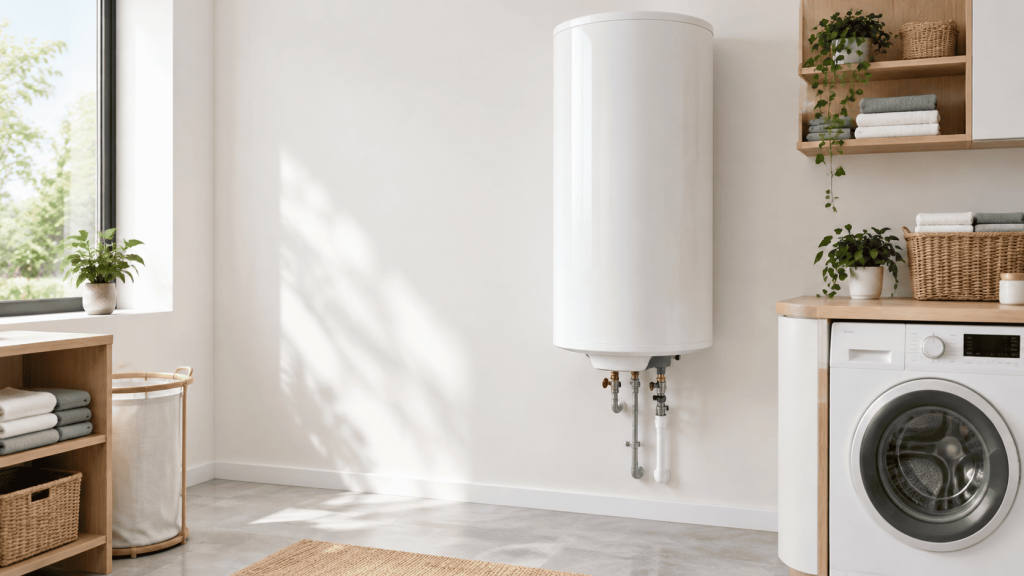 Chauffe-eau électrique vertical fixé au mur dans une buanderie lumineuse avec lave-linge et rangements en bois