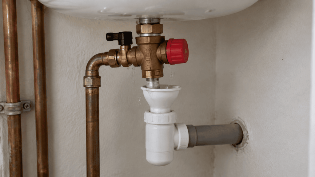 Gros plan sur le groupe de sécurité d’un chauffe-eau avec gouttes d’eau et siphon d’évacuation blanc