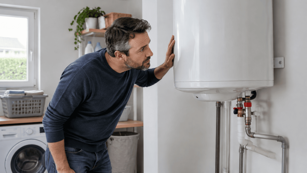 Homme posant la main sur un chauffe-eau électrique mural et observant ses raccordements dans une buanderie