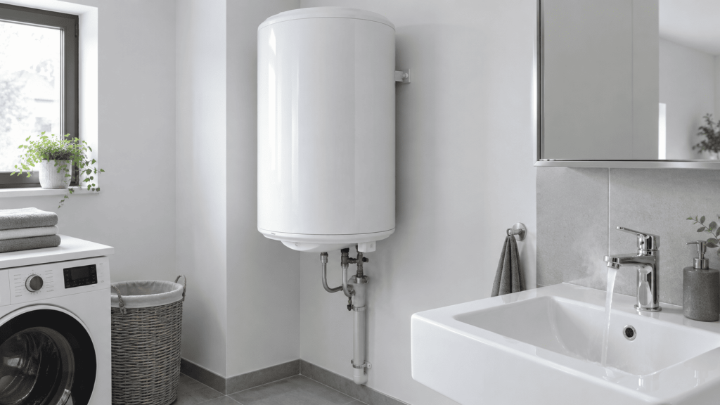 Chauffe-eau électrique mural alimentant en eau chaude le robinet d’un lavabo dans une buanderie.