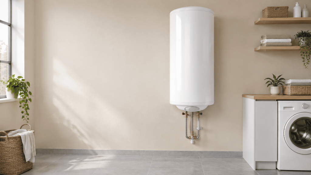 Chauffe-eau électrique mural blanc installé dans une buanderie moderne